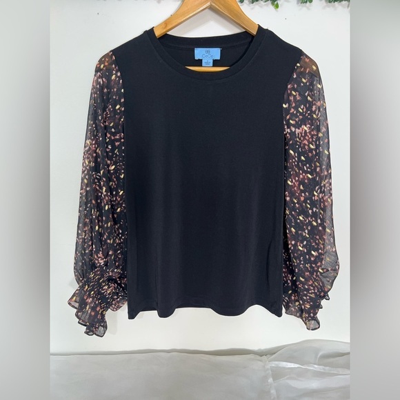 CeCe Tops - CeCe Womens Black Sheer Printed Balloon Long-Sleeve Round Neck Top Size S NWOT